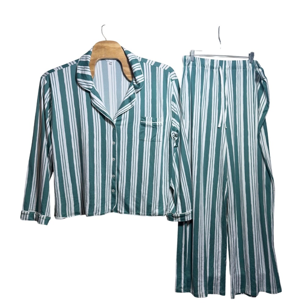 Honeydew Intimates Pajama Set 2X 3X Green White Striped Button Front Loungewear
